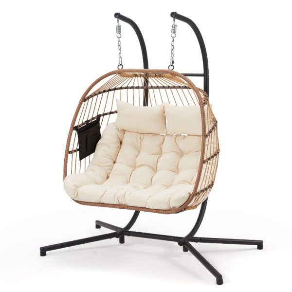 product-open-c7f68c892a2e461f9f9ee0020cdd3d22-goods 2 Person Hanging Egg Chair with Stand, Outdoor Wicker Swing Chair with Cushion, Heavy Duty Loveseat Chair for Patio Balcony Bedroom