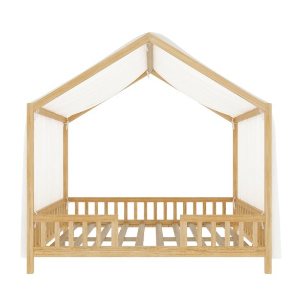 product-open-c84e25e3e10443fab8acde99e99aeb9e-goods Full Bed Frame for Kids, House Shape Bed Frame with High Railings, Wood Kids Bed with Roof, Kid Full Bed, Natural