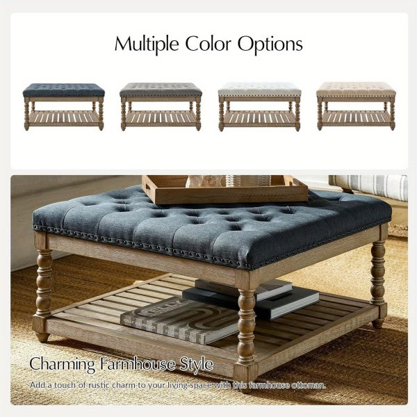 product-open-c86f4a70b4c347eabaacf3878f9328a0-goods Rectangular Upholstered Coffee Table Ottoman Featuring Spindle Wooden Legs, Tufted Design, And a Solid Wood Storage Shelf for The Living Room