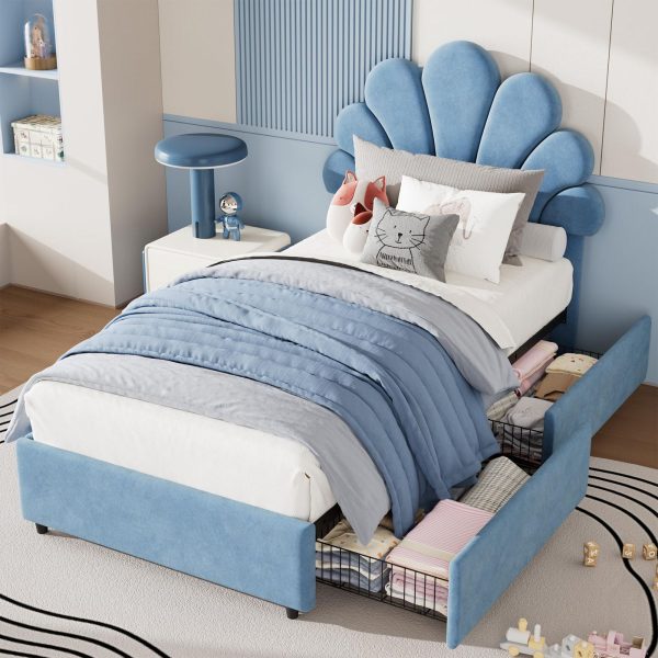 product-open-c912a2cedee2403db51364a8ee736d79-goods Twin Size Bed Frame Suitable for Kids Girls Boys - Upholstered Princess Platform Bed with Headboard & 2 Storage Drawers, Solid Wood Slat Support, No Box Spring Needed, Easy Assembly, Modern Minimalist Furniture for Boys and Girls
