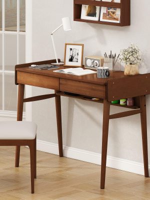 COSTWAY Extra Long 39.5" Bamboo Computer Desk with 2 Storage Drawers & Open Shelf - Heavy-Duty Writing Desk, Space-Saving Home Office Desk, Natural Brown Finish, Easy Assembly, Sturdy Bamboo Construction for Study, Living Room