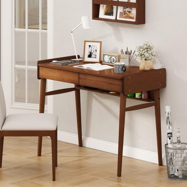 product-open-c9a6bdadc9d94ba691c5a9c7cd50e9c8-goods COSTWAY Extra Long 39.5" Bamboo Computer Desk with 2 Storage Drawers & Open Shelf - Heavy-Duty Writing Desk, Space-Saving Home Office Desk, Natural Brown Finish, Easy Assembly, Sturdy Bamboo Construction for Study, Living Room