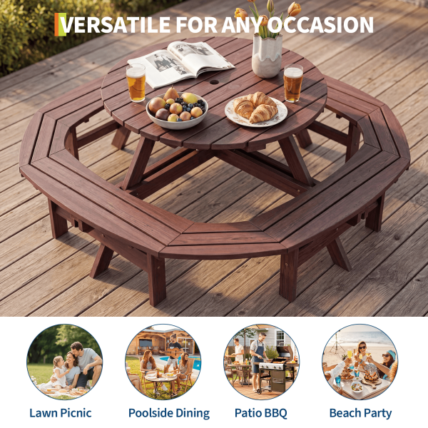 product-open-c9dd5b4893094d20a441779ee79ae938-goods 8-Person Round Wooden Picnic Table with Umbrella Hole, Wood Outdoor Dining Set with 4 Built-In Benches for Garden, Patio And Backyard