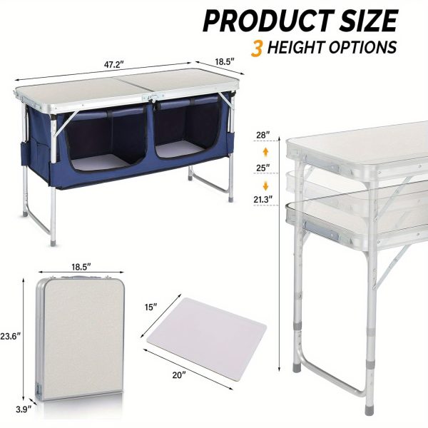 product-open-ca671118347f4d69951ac069b3a92489-goods Bonnlo 4ft Folding Table with Storage Aluminum Camping Picnic Table Adjustable Height for Outdoor Beach BBQ Backyards Travel Party Garden Patio Folding Dining Table Black/ White Foldable Table Camping Gear and Equipment