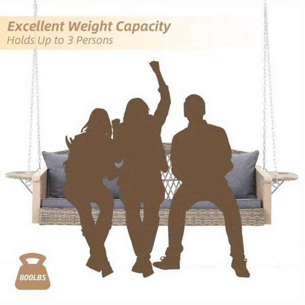 product-open-ca703dd05d4c4d60beeea17a96683040-goods Gray 3-Person Wicker Porch Swing Featuring a 1.5-Foot Cup Holder, a 55-Inch Patio Hanging Swing Bench Complete with Cushions, And a Weight Capacity of 800 Pounds