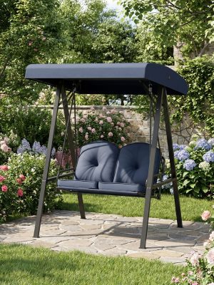 Outdoor 2-Person Porch Swing, Cushioned Loveseat Swing with Stand, Adjustable Canopy and Heavy-Duty Metal Frame for Porch, Backyard, Garden
