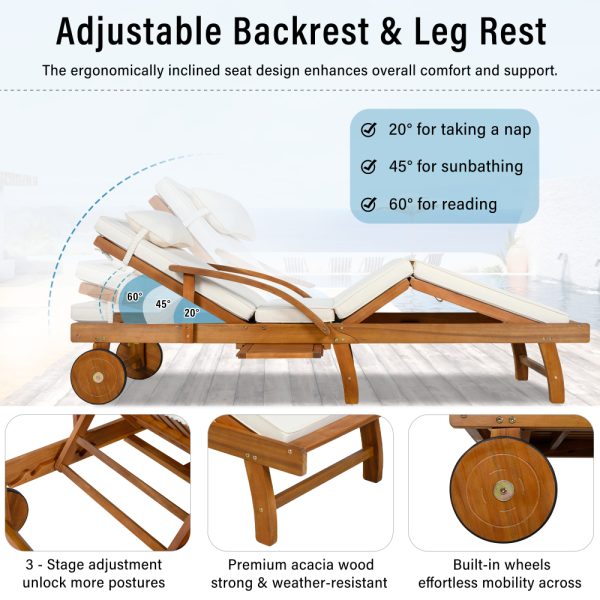 product-open-cac6915fae954a2197d7cdb2d1407655-goods U_Style 2-Pack 77.5' Outdoor Lounge Chairs, Acacia Wood Frame, Cushioned, Adjustable Backrest And Leg Rest, Headrest And Retractable Side Tray, Perfect for Patio, Pool, Garden, Beach