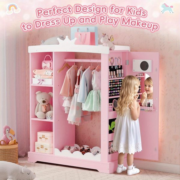 product-open-cb48b666470a43da9f97f0d41d4870df-goods Kids Armoire with Jewelry Cabinet, Dress up Storage with Mirror and Shelves, Princess Dress Closet and Costumes Wardrobe Closet, Costume Organizer for Bedroom, Kids Room, Girls