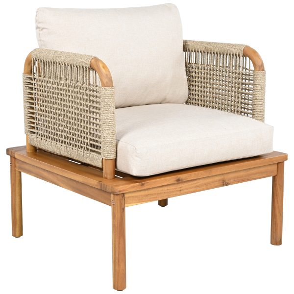 product-open-cb6b24ed210843d6b45b22ce06906f1b-goods Outdoor Acacia Wood Rope Club Chair, Waterproof Cushioned Patio Dining Chair, Weather Resistant Patio Lounge Chair for Backyard Garden Porch Balcony, Easy Assembly Deep Seat Conversation Accent Chair with Removable Washable Beige Teak Cushion