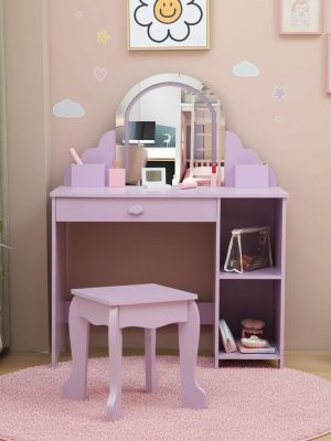 Girls' Kids Vanity Desk with Mirror & Stool - Princess Makeup Table with Drawer, Shelves & Cubbies, Toddler Dressing Table Suitable for Little Girls, Assembly, Non-Wood