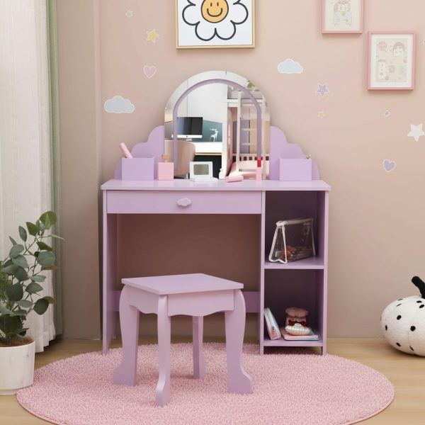 product-open-cb7746e64a644fb097b9ca982996fc4c-goods Girls' Kids Vanity Desk with Mirror & Stool - Princess Makeup Table with Drawer, Shelves & Cubbies, Toddler Dressing Table Suitable for Little Girls, Assembly, Non-Wood
