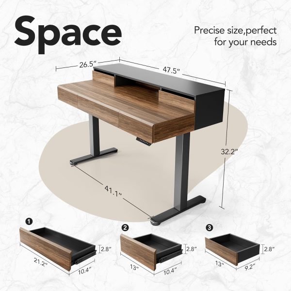 product-open-cb9256b2046b413498af5641f253d162-goods Electric Standing Desk with Drawers | 48 Inches Height Adjustable, Monitor Shelf, Whole-Piece Board, 4 Memory Height Settings, Classic Wood Color, PERLECARE