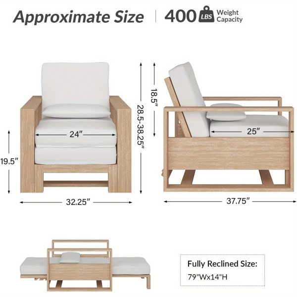 product-open-cb95797b68b34358983b428a8416b6de-goods Patio Outdoor Chaise Lounge, Acacia Wood Chaise Lounge Chair with Lumbar Pillow, Adjustable Reclining Poolside Lounge Chair with Thick Padded Cushion, White