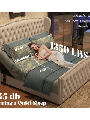 LUXOAK 51" H Adjustable Bed Frame with Velvet Upholstery and Deep Button Tufted Headboard, Dual Motor Wingback Bed with Nailhead Trim, No Box Spring Required