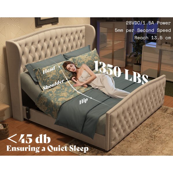 product-open-cba217f39f9f4efd9313cba9071c8032-goods LUXOAK 51" H Adjustable Bed Frame with Velvet Upholstery and Deep Button Tufted Headboard, Dual Motor Wingback Bed with Nailhead Trim, No Box Spring Required