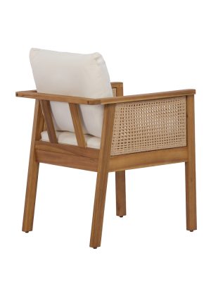 Set of 2 Outdoor Acacia Wood Dining Chairs - Patio Armchair with Natural Rattan Backrest, Cream Washable Cushion, Non-Slip Feet for Backyard Poolside Garden