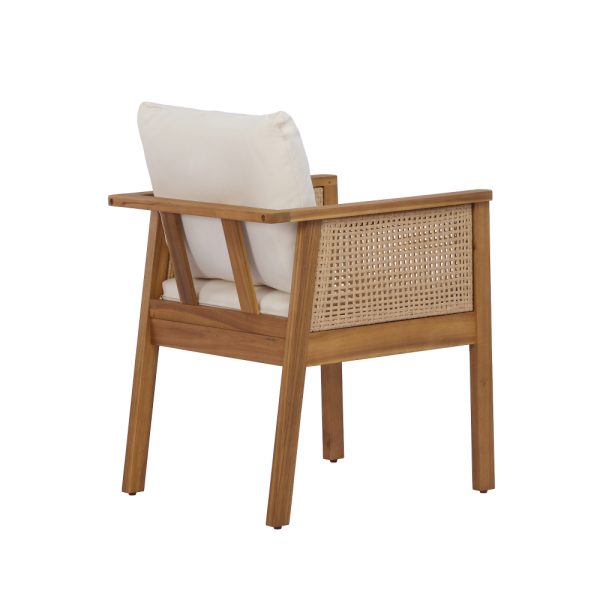product-open-cbae5f68cb5e4a229b0280539ecb5c89-goods Set of 2 Outdoor Acacia Wood Dining Chairs - Patio Armchair with Natural Rattan Backrest, Cream Washable Cushion, Non-Slip Feet for Backyard Poolside Garden