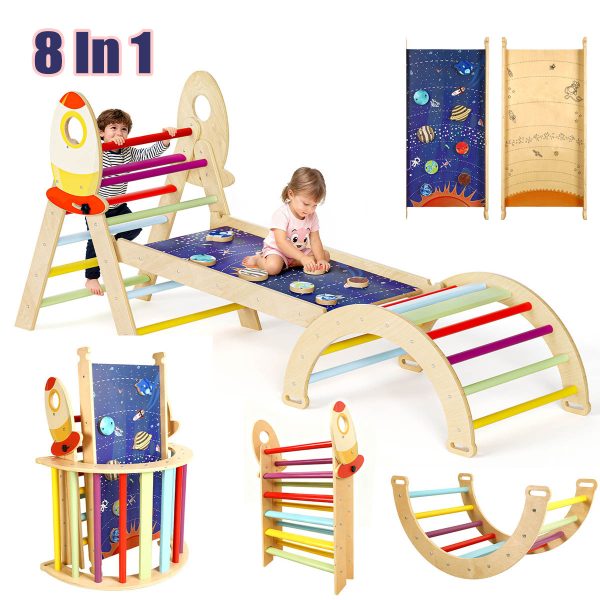 product-open-cbe23773dc624fbf8c78b8bee69e3f14-goods 8in 1 Pikler Triangle Climbing Set Foldable Indoor Jungle Gyms for Toddlers Baby Indoor Playards Jungle Gym with Oval-shaped Crossbar Design Wooden Climbing Set for Toddler to Inspire Children's Exploration
