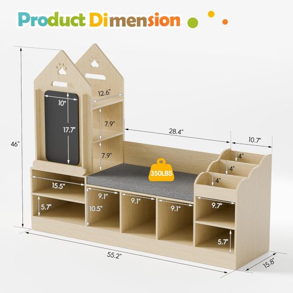 Bookshelf Featuring a Cozy Reading Corner, Wooden Organizer for Storage Equipped with a Chalkboard And Bench, Ideal Reading Nook for Boys And Girls, Shelf Suitable for Bedroom, Nursery, Or Playroom, Crafted from Natural Oak
