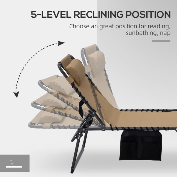 Outsunny 2pcs Folding Chaise Lounge with 5-Level Reclining Back, Outdoor Tanning Chair with Reading Face Hole, Outdoor Lounge Chair with Side Pocket And Headrest for Beach, Yard, Patio, Beige