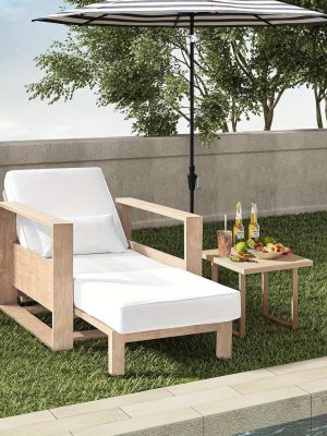 Patio Outdoor Chaise Lounge, Acacia Wood Chaise Lounge Chair with Lumbar Pillow, Adjustable Reclining Poolside Lounge Chair with Thick Padded Cushion, White