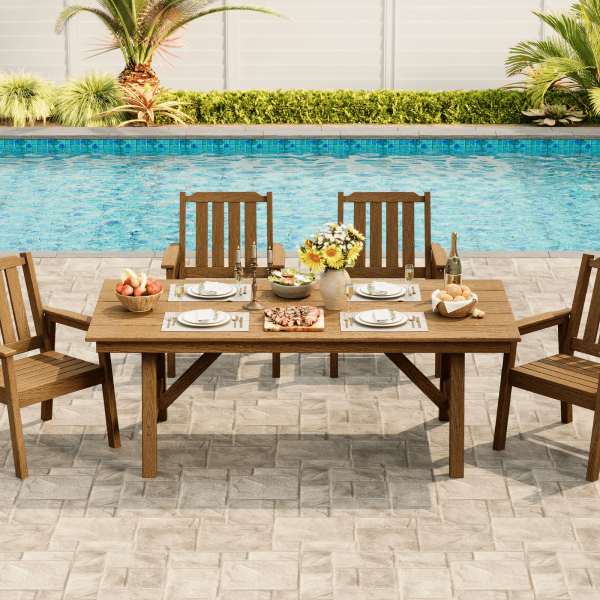product-open-ccdd3016cf4b41fdad710a000f41fea2-goods 66.9" Outdoor Dining Table for 4-6, HDPE Patio Table with Umbrella Hole, Waterproof All-Weather Rectangular Table for Backyard, Poolside And Garden