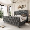 product-open-cd49e11b082d4a5392e21c815468f346-goods Modern Queen Platform Bed Frame with Wingback Headboard - Cream Beige Suede Upholstery, Deep Button Tufted, Sturdy Slats & Noise-Free Base, No Box Spring Required, Easy Assembly Suitable for Luxury Bedroom Furniture
