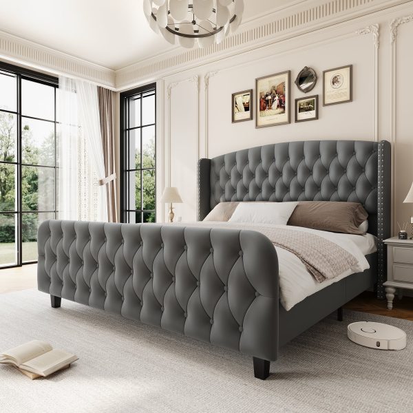 product-open-cd49e11b082d4a5392e21c815468f346-goods Modern Queen Platform Bed Frame with Wingback Headboard - Cream Beige Suede Upholstery, Deep Button Tufted, Sturdy Slats & Noise-Free Base, No Box Spring Required, Easy Assembly Suitable for Luxury Bedroom Furniture