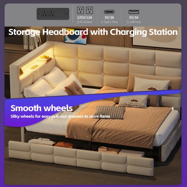 Upholstered Twin Size Daybed with Storage 2 Drawers and Charging Station, Day Bed Frame with LED Lights and Storage Headboard, No Box-Spring Needed, Beige