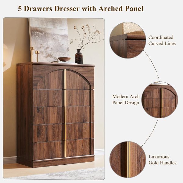 product-open-d07be0bfe2ec4870a6a7a33b9a43ca59-goods JXQTLINGMU Modern 5 Drawers Dresser For Bedroom With Arched Panel, 44" Tall Dresser For Closet With Metal Handles, Push-to-Open Wood Storage Closet Dressers Tv Stand For Living Room, Hallway