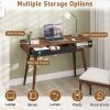 product-open-d09a111c5fb4429aa914e4c2503f84e1-goods Mid-Century Modern Computer Desk | Home Office Desk with Drawer & Open Compartment, Laptop PC Desk with Rubber Wood Legs, Makeup Vanity Table, Vintage Writing Desk Workstation for Study, Bedroom, Brown Hardwood and Artificial Board, Freestanding