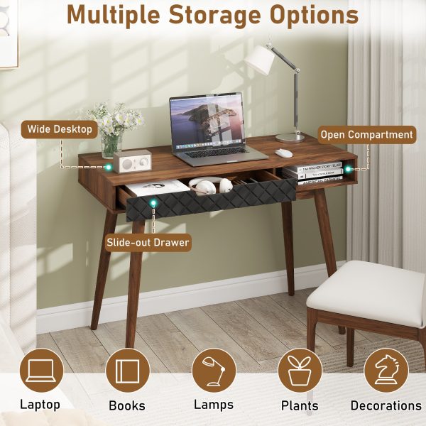 product-open-d09a111c5fb4429aa914e4c2503f84e1-goods Mid-Century Modern Computer Desk | Home Office Desk with Drawer & Open Compartment, Laptop PC Desk with Rubber Wood Legs, Makeup Vanity Table, Vintage Writing Desk Workstation for Study, Bedroom, Brown Hardwood and Artificial Board, Freestanding