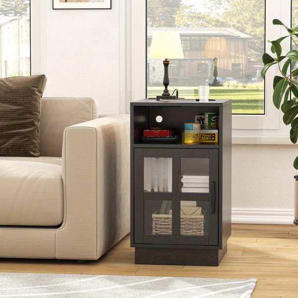 product-open-d0c3ba427a4746ff8389a21a3d69caf3-goods End Tables for Living Room with Charging Station & LED Light, Nightstand with Glass Door & Adjustable Shelf, Bedside Table with USB Ports, Modern Storage Cabinet for Bedroom, Black Smart Side Table