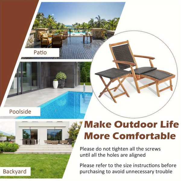 MULTIGOT 2pcs Patio Rattan Folding Lounge Chair Table Acacia Wood W/Retractable Footrest