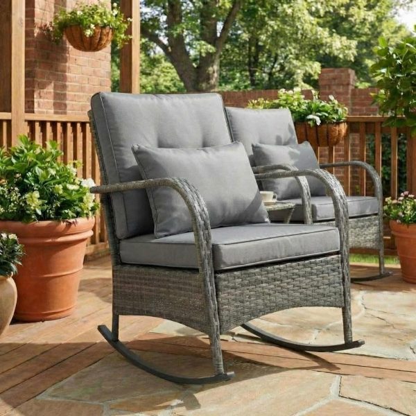 2026 New Courtyard Dining Tables and Chairs, 2pcs Outdoor Wicker Rocking Chair Set, Rattan Rocking Chair with Thick Cushions & High Back, All-Weather Wicker Rocking Bistro Set for Porch, Patio, Balcony