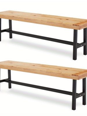 63" Wooden Picnic Bench(Set of 2), Outdoor Benches with Powder-Coated Metal Frame, Garden Benches for Patio, Garden, Porch & Deck, Wood Color