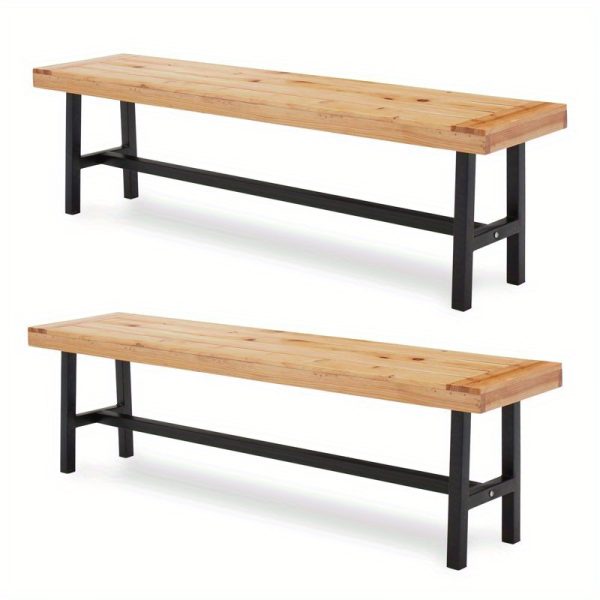 product-open-d3ddaf99cc014ca09b1a0dab4b8ad98e-goods 63" Wooden Picnic Bench(Set of 2), Outdoor Benches with Powder-Coated Metal Frame, Garden Benches for Patio, Garden, Porch & Deck, Wood Color