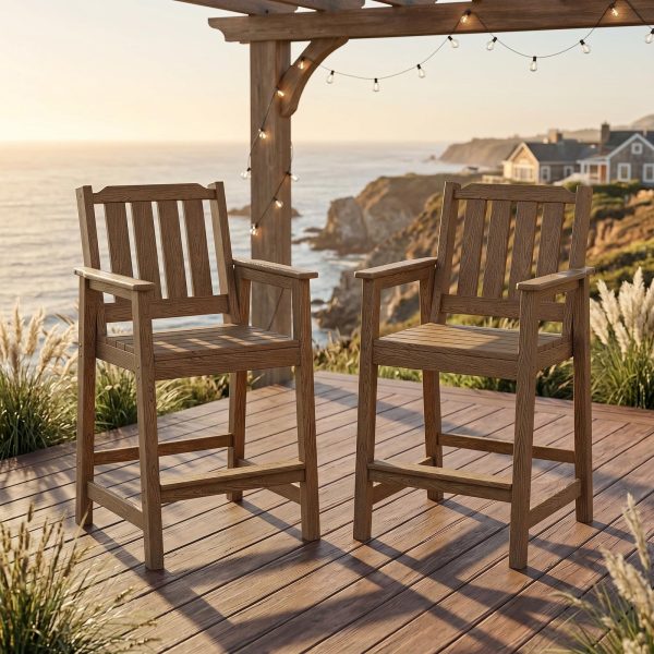 2026 New Courtyard Dining Tables And Chairs, All-Weather HDPE Patio Bar Stools Set of 2 - Tall Chairs with Armrests, Ergonomic Wide Back And Seat, Outdoor Bar Furniture for Balcony, Garden, Poolside - Black (2 Sheets/Box)