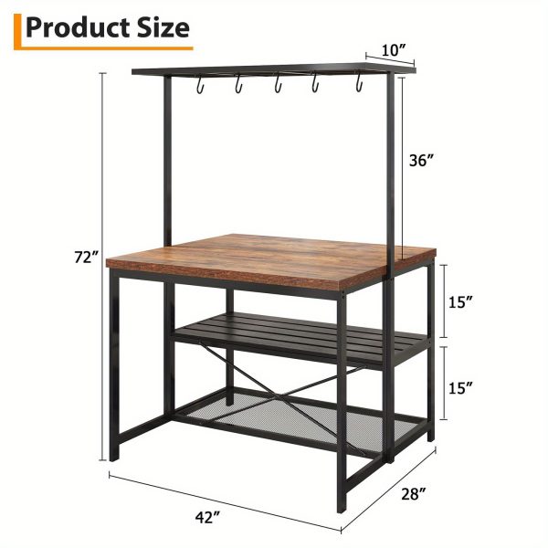 42" Kitchen Island with Storage - 3-Tier Bakers Rack, Microwave Stand, Dining Table for 4, 5 Hooks & 50lb Capacity, Multi-Functional Island for Small Kitchens (Brown)