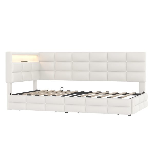 Upholstered Twin Size Daybed with Storage 2 Drawers and Charging Station, Day Bed Frame with LED Lights and Storage Headboard, No Box-Spring Needed, Beige