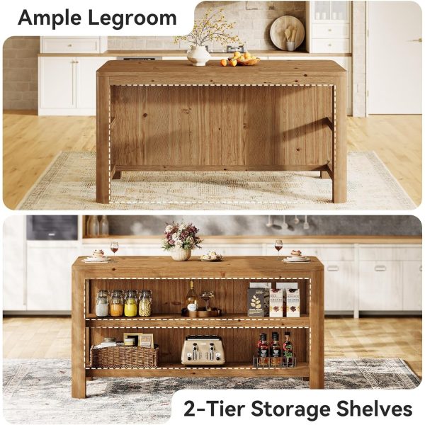 product-open-d56740db81044159a4384cdd4656b600-goods 63-Inch Solid Wood Kitchen Island with Ample Storage Shelves, Farmhouse Style Kitchen Island Table with Seating, Counter Height Bar Table for Dining Room & Kitchen, Sturdy Construction & Easy to Assemble