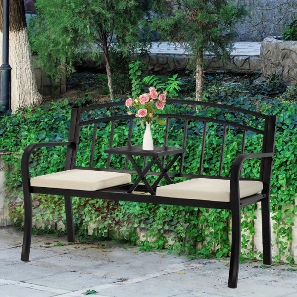 [Outdoor Patio Bench] Outdoor Patio Garden Bench Peacock Feather Backrest, Cast Iron Frame, Comfortable Seat for Yard, Porch, or Park