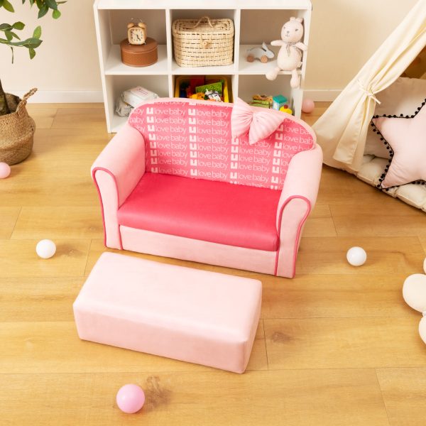 product-open-d5b0468931684075b440b48b64b3bb85-goods COSTWAY Double Sofa with Ottoman, Upholstered Couch Featuring Curved Armrests, Adorable Bow, Sturdy Wooden Frame, Soft Velvet Loveseat Chair for Kids -5