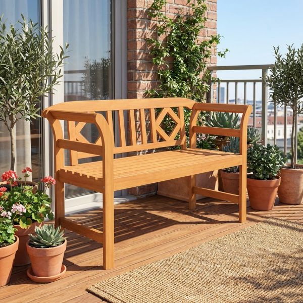 product-open-d63668d0cf7f4f68b1ff608739e7dc5c-goods Outdoor Acacia Wood Bench, 2 Persons Solid Wood Loveseat with Curved Armrests & Slatted Seat, Garden Patio Park Bench, 800 Lbs Weight Capacity