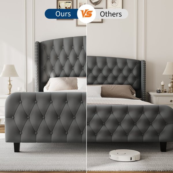 product-open-d6a49bf5db56494fa166044386ba3de6-goods Modern Queen Platform Bed Frame with Wingback Headboard - Cream Beige Suede Upholstery, Deep Button Tufted, Sturdy Slats & Noise-Free Base, No Box Spring Required, Easy Assembly Suitable for Luxury Bedroom Furniture