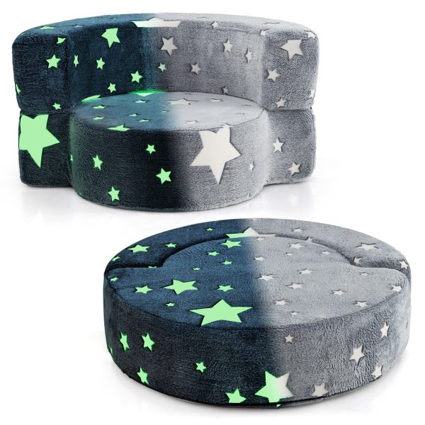 product-open-d70b2bfbef4b444bb61196c1d67acf7c-goods COSTWAY Kids Glow in the Dark Plush Couch 2-in-1 Convertible Sofa & Play Mat with Glow Stars, Machine Washable Flannel Cover, Soft Sponge Padding, ' Round Furniture, Bedtime Play Center