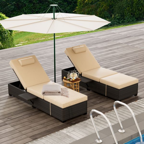 [Outdoor Sun Loungers] 2pcs Patio Chaise Lounge Set | Outdoor Adjustable Reclining Sun Loungers with PE Wicker & Steel Frame, Water-Resistant Cushions for Poolside, Beach, Backyard, All-Weather Furniture by GOCAPTAIN