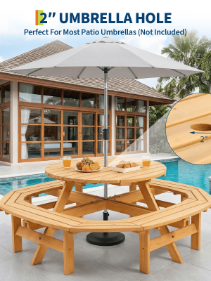 8-Person Round Wooden Picnic Table with Umbrella Hole, Wood Outdoor Dining Set with 4 Built-In Benches for Garden, Patio And Backyard