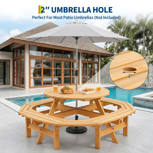 product-open-d7ccd3b84f1c409b8582202e5eb68216-goods 8-Person Round Wooden Picnic Table with Umbrella Hole, Wood Outdoor Dining Set with 4 Built-In Benches for Garden, Patio And Backyard