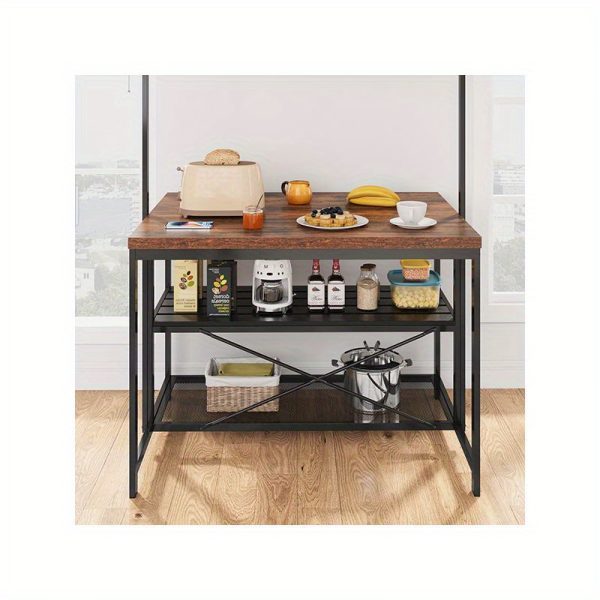 42" Kitchen Island with Storage - 3-Tier Bakers Rack, Microwave Stand, Dining Table for 4, 5 Hooks & 50lb Capacity, Multi-Functional Island for Small Kitchens (Brown)